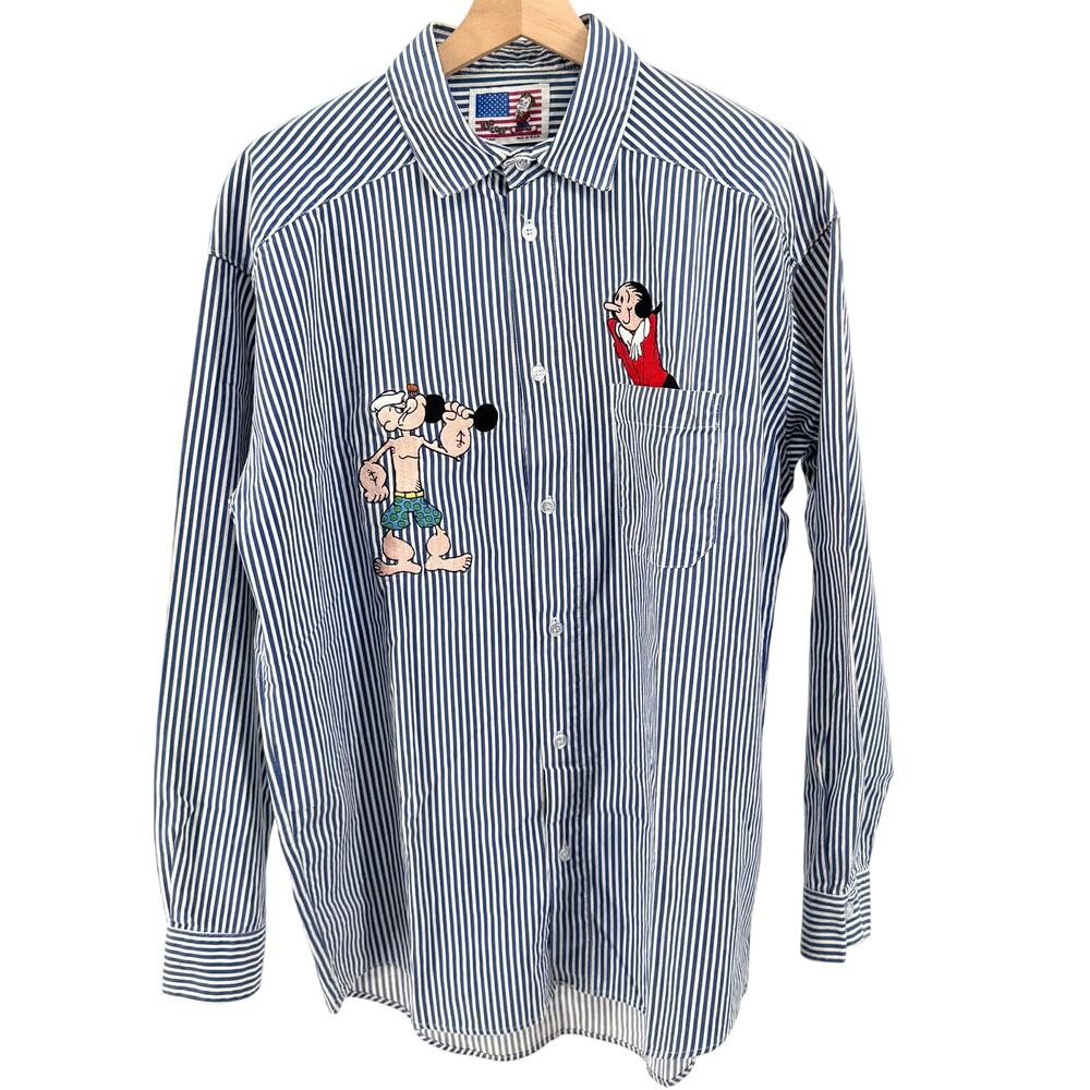 MINT Vintage 90s Too Cute Guetta Bros Popeye Blue Striped Embroidered Shirt